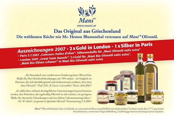 Mani olives and oil greek organic products ad magazine designed by ateliers philipp kreidl photo graphik design